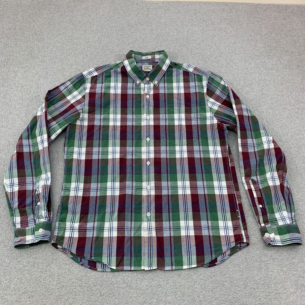 J. Crew Button Down Shirt Mens Large Slim Fit Plaid Cotton Shirting Long Sleeve
